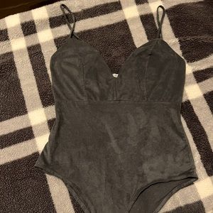 Velvet grey deep v bodysuit